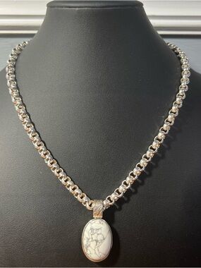 Sterling Silver 18” Solid Belcher Rolo 6.45mm Necklace White Buffalo Pendant 70g